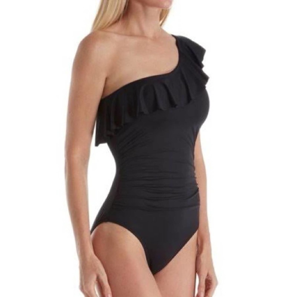 La Blanca Black One-Shoulder Ruffle One-Piece Swimsuit